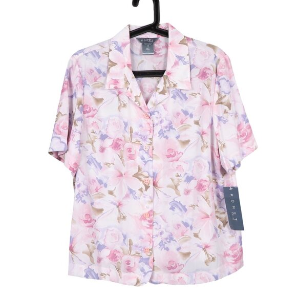 Koret Button Up Floral Shirt Petite 16 Women Blouse 16P Short Sleeve Pink Purple - Picture 1 of 6